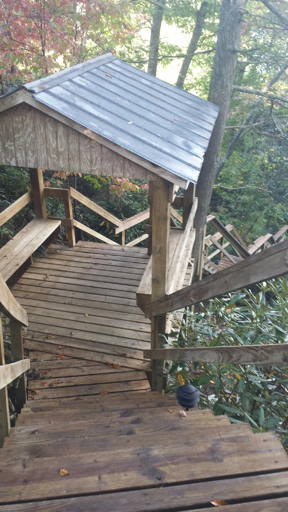 Metal roofed shelter over wooden steps on a wooded walkway — Skylight Repair & Installation work by our crew in San Juan Capistrano